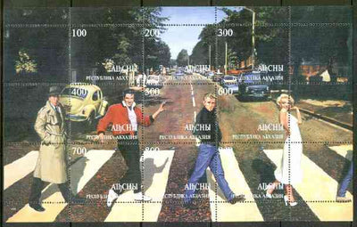 Abkhazia 1999 Fab 4 - Elvis, Marilyn, James Dean & Bogart Crossing Abbey Road (with VW & Police Van) composite sheet containing 9 values unmounted mint