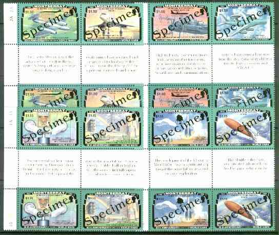 Montserrat 1995 50th Anniversary of end of World War II, two sets of 8 (4 se-tenant gutter blocks of 4) each overprinted SPECIMEN, extremely scarce thus as SG 967-74s unmounted mint