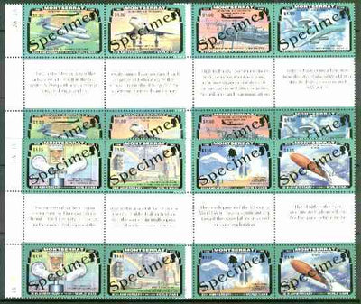 Montserrat 1995 50th Anniversary of end of World War II, two sets of 8 (4 se-tenant gutter blocks of 4) each overprinted SPECIMEN, extremely scarce thus as SG 967-74s unmounted mint