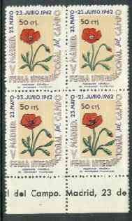 Cinderella - Spain 1962 50c perforated label for Madrid International Stamp Exhibition featuring Poppy, marginal block of 4 showing one stamp with centre of flower omitted (R3/6)