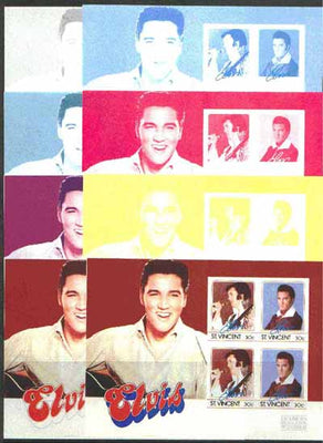 St Vincent 1985 Elvis Presley (Leaders of the World) m/sheet containing 4 x 30c values, the set of 8 imperf progressive proofs comprising 4 individual colours, plus 2, 3, 4 and all 5-colour composites unmounted mint