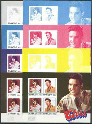 St Vincent 1985 Elvis Presley (Leaders of the World) m/sheet containing 4 x 50c values, the set of 8 imperf progressive proofs comprising 4 individual colours, plus 2, 3, 4 and all 5-colour composites unmounted mint