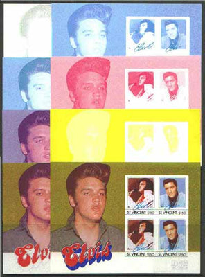 St Vincent 1985 Elvis Presley (Leaders of the World) m/sheet containing 4 x $1.50 values, the set of 8 imperf progressive proofs comprising 4 individual colours, plus 2, 3, 4 and all 5-colour composites unmounted mint
