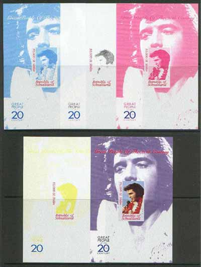 Somaliland 1999 Great People of the 20th Century - Elvis Presley souvenir sheet containing 10,000 sl value,,the set of 5 imperf progressive proofs comprising the 4 individual colours, plus all 4-colour composite unmounted mint