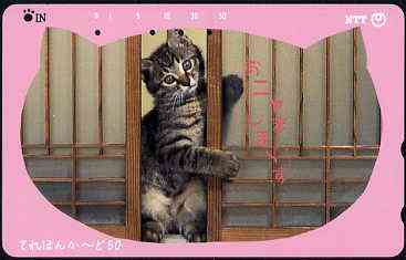 Telephone Card - Japan 50 units phone card showing Kitten between bamboo screen (card dated 1.5.1992)
