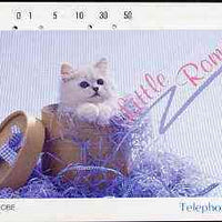 Telephone Card - Japan 50 units phone card showing Kitten in Hat Box titled 'Little Romance' (card dated 19.3.1990)