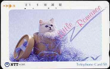 Telephone Card - Japan 50 units phone card showing Kitten in Hat Box titled 'Little Romance' (card dated 19.3.1990)
