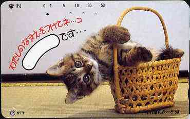 Telephone Card - Japan 50 units phone card showing Kitten falling out of Basket (card dated 1.4.1990)
