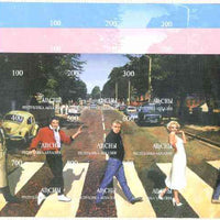Abkhazia 1999 Fab 4 - Elvis, Marilyn, James Dean & Bogart Crossing Abbey Road (with VW & Police Van),composite sheet containing 9 values, the set of 5 imperf progressive proofs comprising the 4 individual colours, plus all 4-colou……Details Below