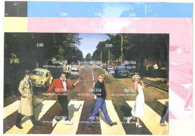 Abkhazia 1999 Fab 4 - Elvis, Marilyn, James Dean & Bogart Crossing Abbey Road (with VW & Police Van),composite sheet containing 9 values, the set of 5 imperf progressive proofs comprising the 4 individual colours, plus all 4-colou……Details Below
