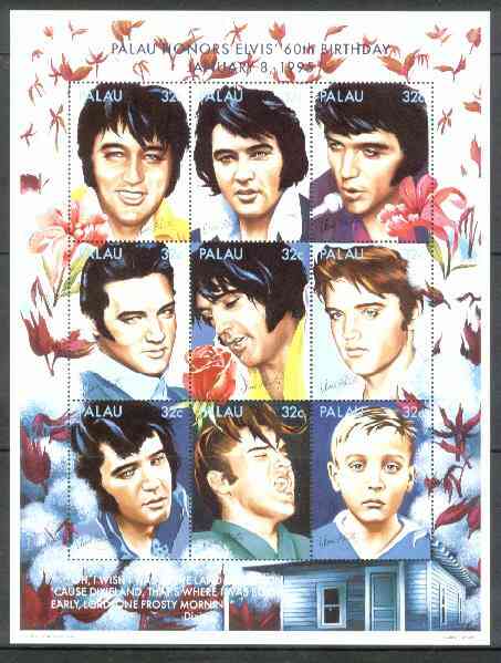 Palau 1995 60th Birth Anniversary of Elvis Presley unmounted mint sheetlet containing 9 values, SG 838-46