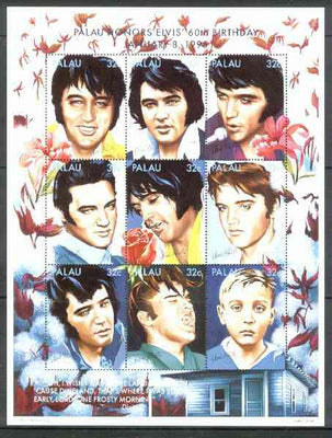 Palau 1995 60th Birth Anniversary of Elvis Presley unmounted mint sheetlet containing 9 values, SG 838-46