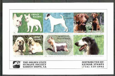 Cinderella - California Dogs sheetlet #01 containing 6 labels of Dogs produced by Golden State Humane Society unmounted mint