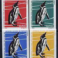 Match Box Labels - Penguin from Portuguese Wildlife set with 4 diff background colours, fine unused condition (4 labels)