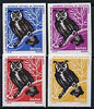 Match Box Labels - Owl (Long Eared) from Portuguese Wildlife set with 4 diff background colours, fine unused condition (4 labels)