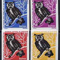 Match Box Labels - Owl (Long Eared) from Portuguese Wildlife set with 4 diff background colours, fine unused condition (4 labels)