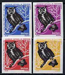 Match Box Labels - Owl (Long Eared) from Portuguese Wildlife set with 4 diff background colours, fine unused condition (4 labels)