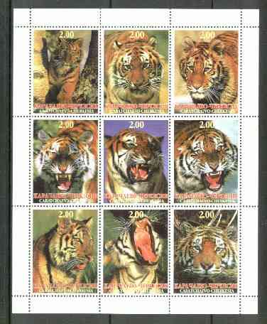 Karachaevo-Cherkesia Republic 1999 Tigers sheetlet containing 9 values unmounted mint