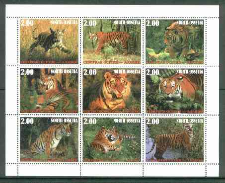 North Ossetia Republic 1999 Tigers perf sheetlet containing 9 values unmounted mint