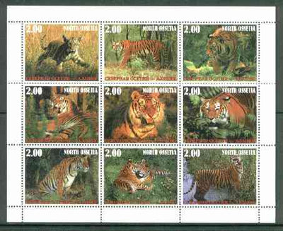 North Ossetia Republic 1999 Tigers perf sheetlet containing 9 values unmounted mint