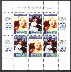 Somaliland 1999 Great People of the 20th Century - Marilyn Monroe & Joe Di Maggio perf sheetlet containing 6 x 6,000 sl values unmounted mint