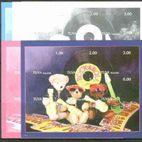 Touva 1999 Rock & Roll Teddies composite sheet containing 9 values, the set of 5 imperf progressive proofs comprising the 4 individual colours, plus all 4-colour composite