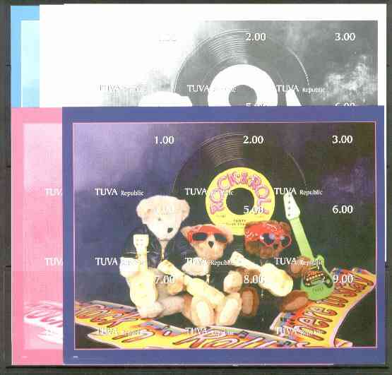 Touva 1999 Rock & Roll Teddies composite sheet containing 9 values, the set of 5 imperf progressive proofs comprising the 4 individual colours, plus all 4-colour composite