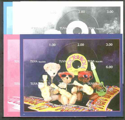 Touva 1999 Rock & Roll Teddies composite sheet containing 9 values, the set of 5 imperf progressive proofs comprising the 4 individual colours, plus all 4-colour composite