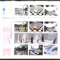 Kyrgyzstan 1999 Chess Art sheetlet containing 9 values, the set of 5 imperf progressive proofs comprising the 4 individual colours, plus all 4-colour composite