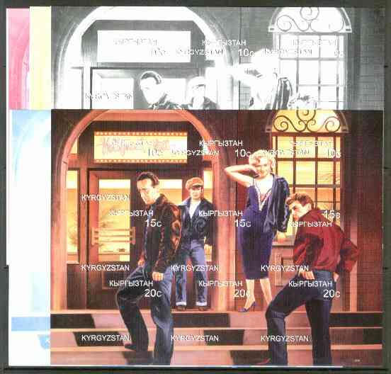 Kyrgyzstan 1999 Hollywood Station (Marilyn, Brando, James Dean & H Bogart) sheetlet containing 9 values, the set of 5 imperf progressive proofs comprising the 4 individual colours, plus all 4-colour composite