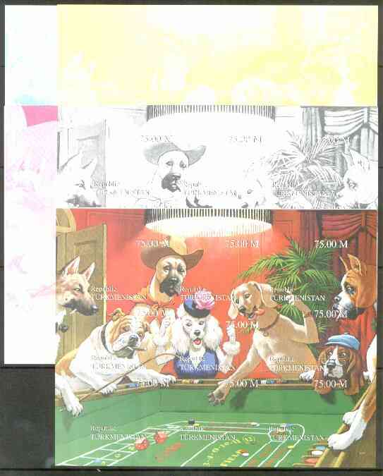 Turkmenistan 1999 Gambling Dogs composite sheetlet containing 9 values, the set of 5 imperf progressive proofs comprising the 4 individual colours, plus all 4-colour composite
