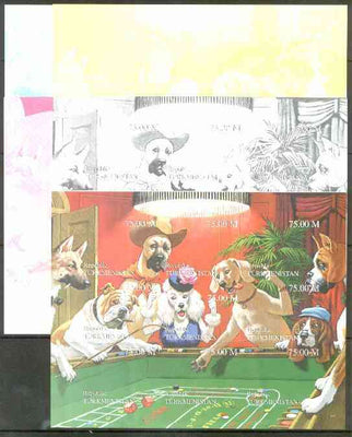 Turkmenistan 1999 Gambling Dogs composite sheetlet containing 9 values, the set of 5 imperf progressive proofs comprising the 4 individual colours, plus all 4-colour composite