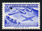 Uruguay 1949 75th Anniversary of Universal Postal Union 12c blue (Boeing Aeroplane over Mailcoach) with tiny security puncture (Waterlow & Sons Specimen) unmounted mint