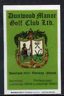 Match Box Labels - Dunwood Manor Golf Club match box label in pristine condition (Bouldens)