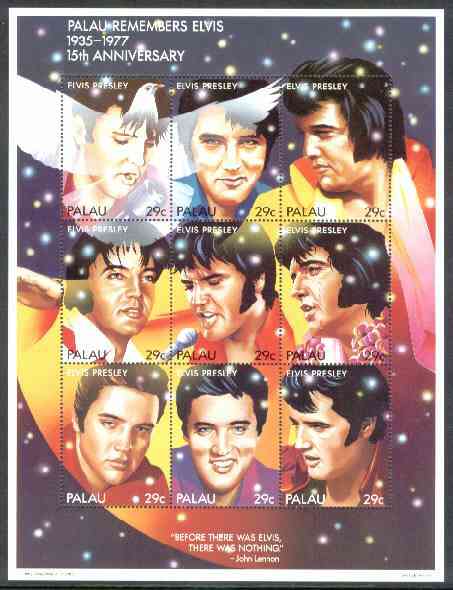 Palau 1992 15th Death Anniversary of Elvis Presley unmounted mint sheetlet containing 9 values, SG 565-73