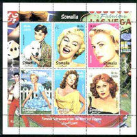 Somalia 1998 Film Stars #1 (Actresses) sheetlet containing complete set of 6 values (A Hepburn, Marilyn, Grace Kelly, S Hayward etc with Elvis in border) unmounted mint