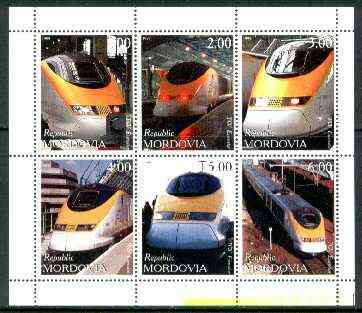 Mordovia Republic 1999 Railways (Eurostar) perf sheetlet containing complete set of 6 values unmounted mint