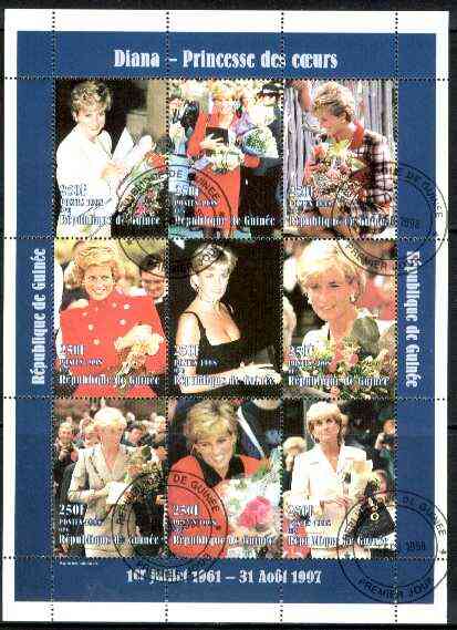 Guinea - Conakry 1998 Princess Diana #3 perf sheetlet containing 9 values (various portraits) cto used