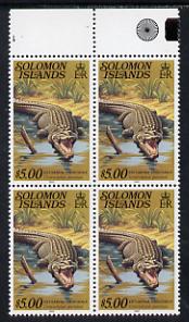 Solomon Islands 1979 Crocodile $5 (with 1982 imprint) marginal block of 4 with wmk inverted unmounted mint, SG 403awB