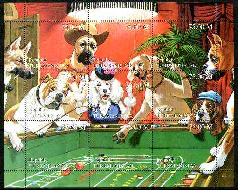 Turkmenistan 1999 Gambling Dogs composite perf sheetlet containing set of 9 values