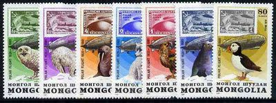 Mongolia 1981 50th Anniversary of Graf Zeppelin (Stamp on stamps showing Animals & Birds) perf set of 7, unmounted mint SG 1391-97*