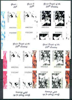 Angola 1999 Great People of the 20th Century - Albert Einstein sheetlet of 4 (2 tete-beche pairs with the John Glenn in margin) the set of 5 imperf progressive colour proofs comprising various colour combinations incl all 4 colour……Details Below