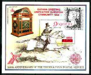 Guyana 1991 European Community scarce $650 on $150 scarce opt in red on 150th Anniversary of Penny Black m/sheet (Post Boy) unmounted mint as SG MS 2747