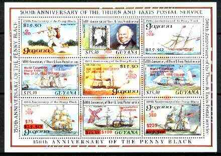 Guyana 1992 Anniversaries scarce opt in red on sheetlet of 9 (150th Anniversary of Penny Black and Thurn & Taxis Postal Anniversary - Mail Ships) unmounted mint