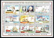 Guyana 1992 Anniversaries scarce opt in red on sheetlet of 9 (150th Anniversary of Penny Black and Thurn & Taxis Postal Anniversary - Mail Ships) unmounted mint