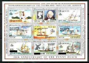 Guyana 1992 Anniversaries opt in black on sheetlet of 9 (150th Anniversary of Penny Black and Thurn & Taxis Postal Anniversary - Mail Ships) unmounted mint
