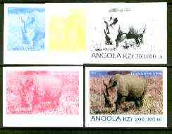 Angola 1999 Rhino 200,000k from Flora & Fauna def set, the set of 5 imperf progressive colour proofs comprising the four individual colours plus completed design (all 4-colour composite) 5 proofs unmounted mint