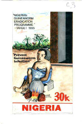 Nigeria 1991 National Guineaworm Eradication Day - original hand-painted artwork for 30k value (showing boiling pot of water) by Clement O Ogbebor on card 130 x 220mm endorsed C3