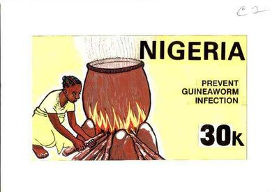 Nigeria 1991 National Guineaworm Eradication Day - original hand-painted artwork for 30k value (showing boiling pot of water) by Nojim A Lasisi on board 220 x 125mm endorsed C2