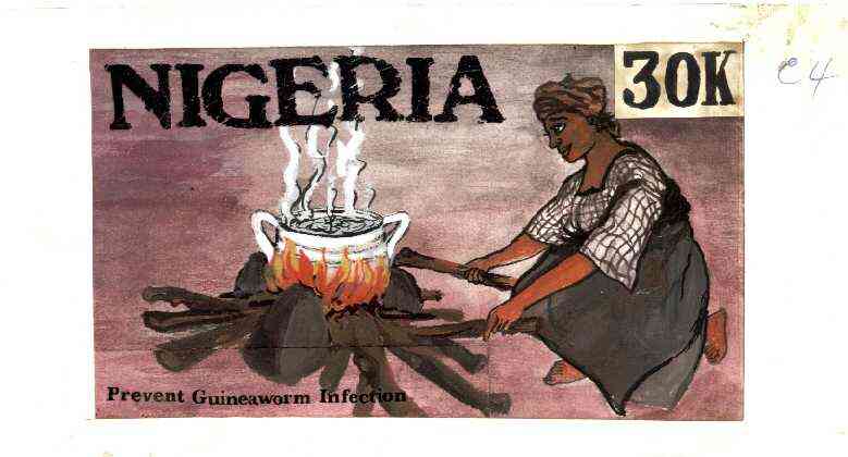 Nigeria 1991 National Guineaworm Eradication Day - original hand-painted artwork for 30k value (showing boiling pot of water) probably by Remi Adeyemi on board 210 x 120mm endorsed C4